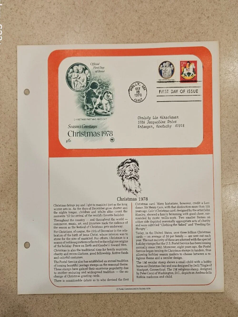 RARE COLLECTIBLE USPS 1ST DAY ISSUE COVER CHRISTMAS 1978 SEASONS GREETINGS STAMP